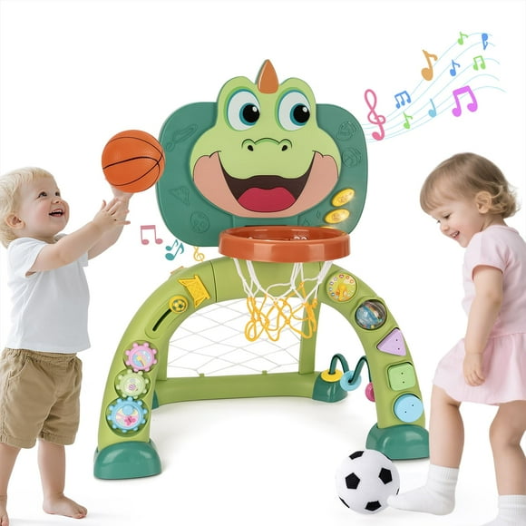 Panier de Basketball et But de Soccer pour Tout-Petits : Centre d'Activités pour Garçons et Filles de 1 2 3 Ans - Jouet Sportif Dinosaure avec Lumières et Musique - Éducatif