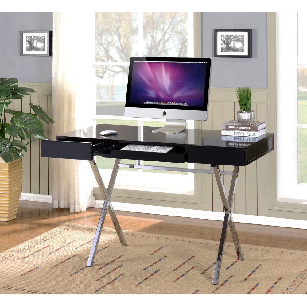 Sarai Home & Office Workstation Computer Desk, Black Wood Top & Chrome
