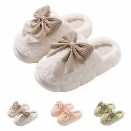 

GEZHEN Winter Women s Bow Cotton Slippers Fuzzy Elegant Cozy Plush House Shoes with Faux Pelt Liner Gift