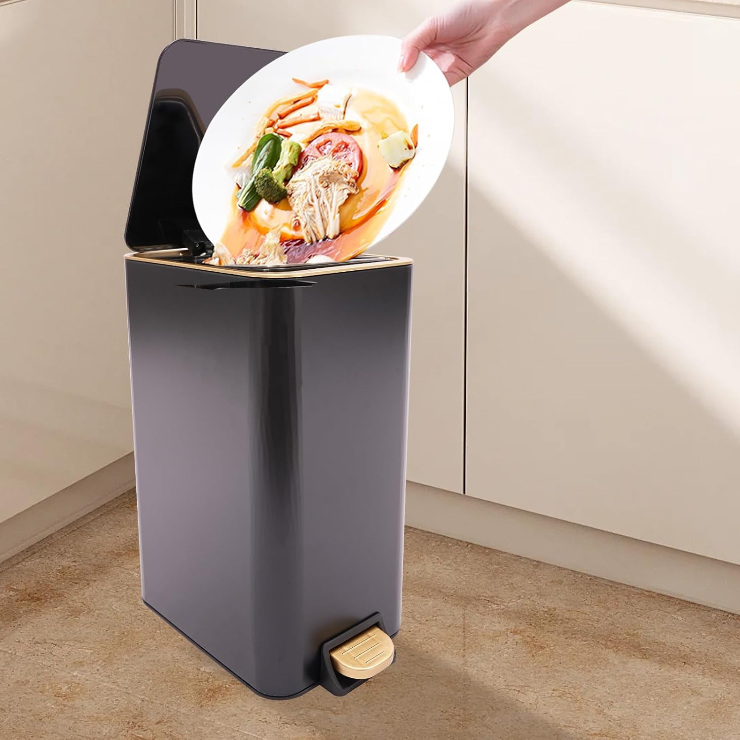 3.17 Gallon Step Trash Bin,Rectangular Garbage Can with Inner Bucket,Bathroom Trash Can with Lid Soft Close, Modern Design Trash Can for Kitchen, Bedroom, Living Room