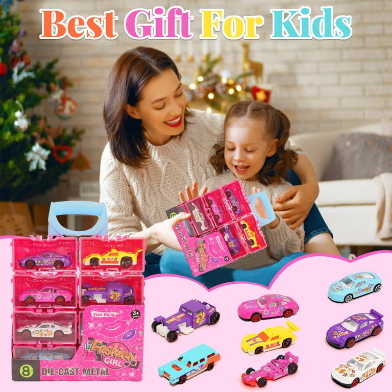 8 Pack Die-Cast Toy Cars for Girls - Pink Mini Race Cars for Girls