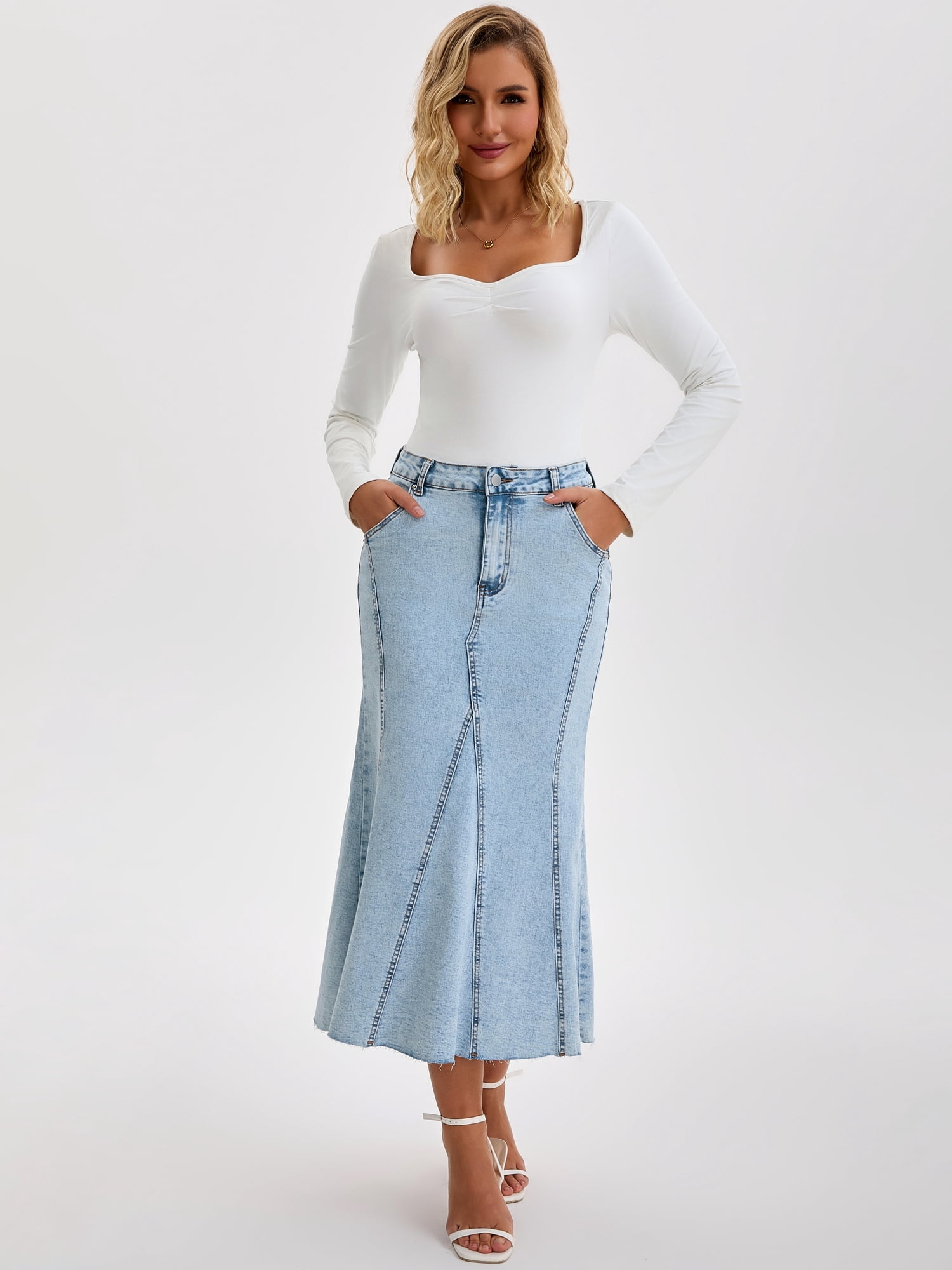 DARING DIVA Women's Fishtail Jean Stretchy Midi Denim Skirts Large Light Blue