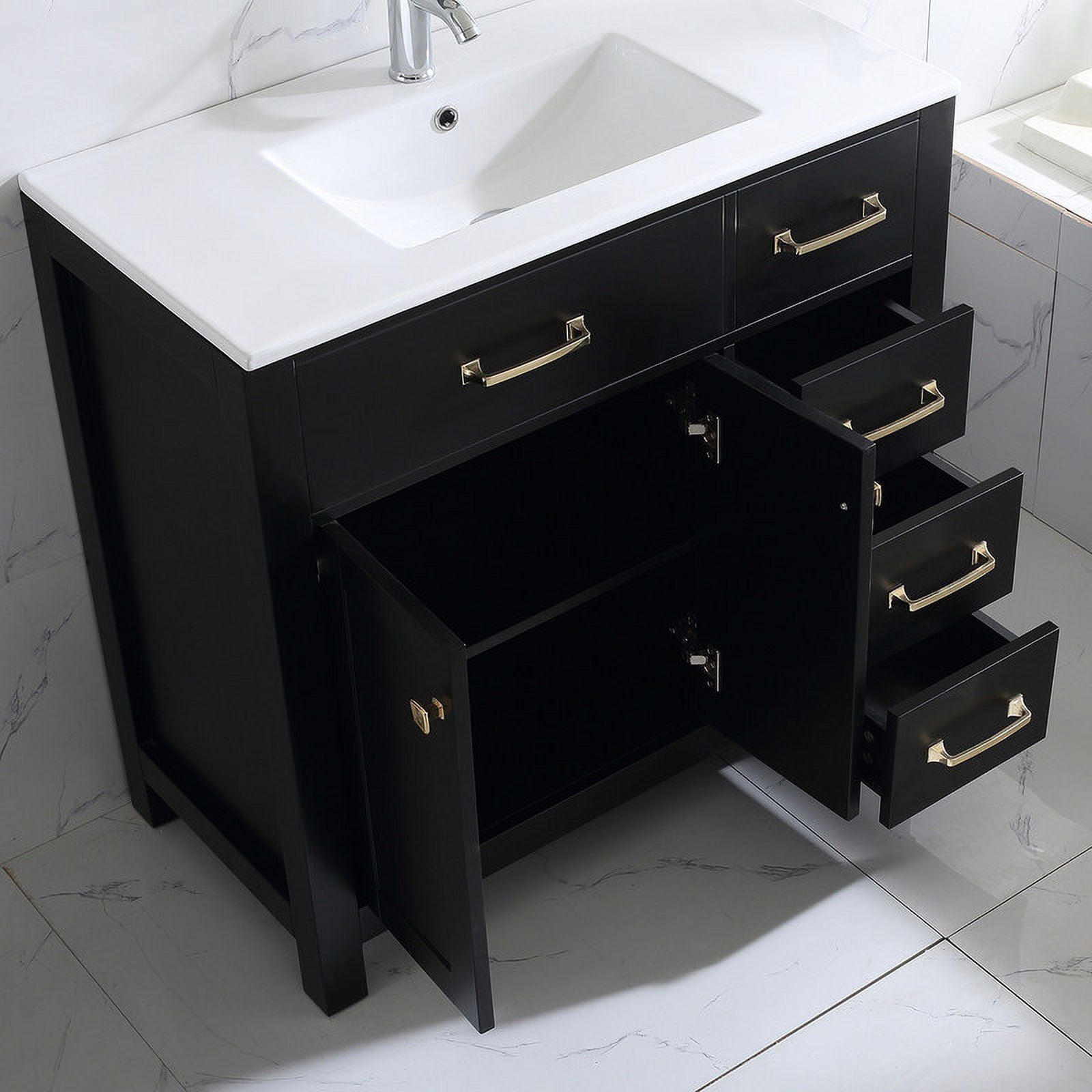 Wonline 36" Luxurious Bathroom Vanity with Sink Combo Set,Free Standing Bathroom Vanity Cabinet w/Thickened Wood, Faucet, Painted Surface, Mirror, Black