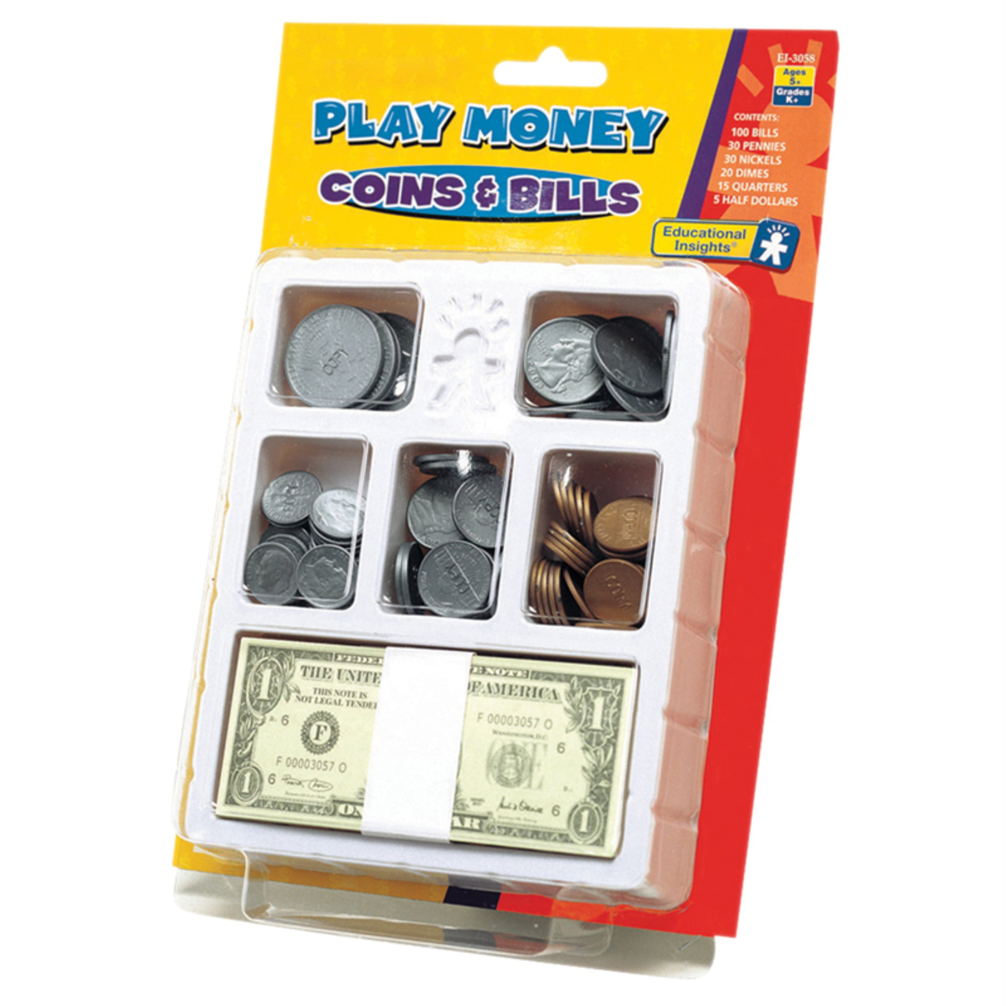 Classic Play Money Set 300 Paper Bills 250 Plastic Coins Wooden Cash Drawer Box 