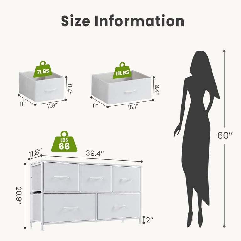 MCQ 5-Drawer Fabric Dresser with Metal Frame & Wood Top Storage Organizer for Bedroom, Closet, Entryway, White MCQ 5-Drawer Fabric Dresser with Metal Frame & Wood Top Storage Organizer for Bedroom, Closet, Entryway, White