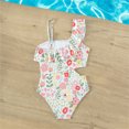 thumbnail image 3 of Toddler Girls Leotard Swimsuits One Shoulder Hallow Out Waist Floral Patterns Ruffle Bathing Suit Infant Girl Swimsuit For Indoor Outdoor Summer Swimming, 3 of 7