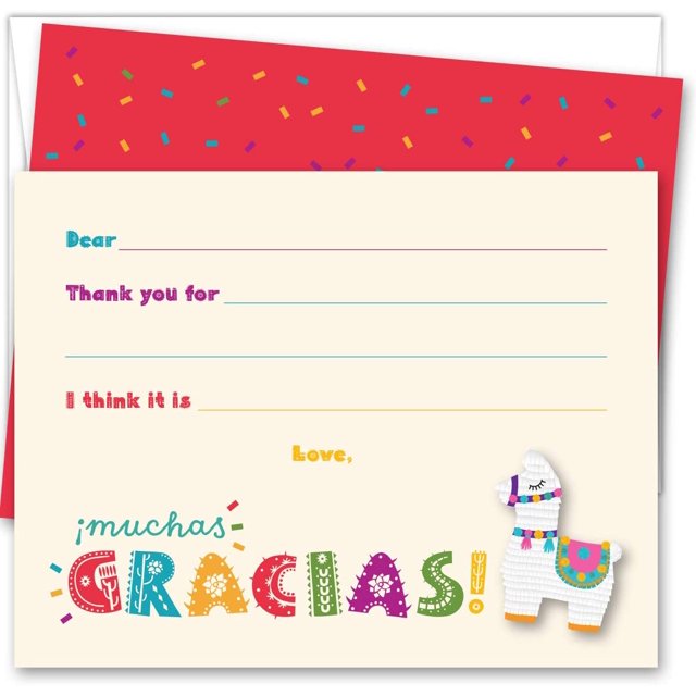 Lama Pinata Muchas Gracias Merci / 25 Notes Plates et Enveloppes / Imprimé sur Lourd