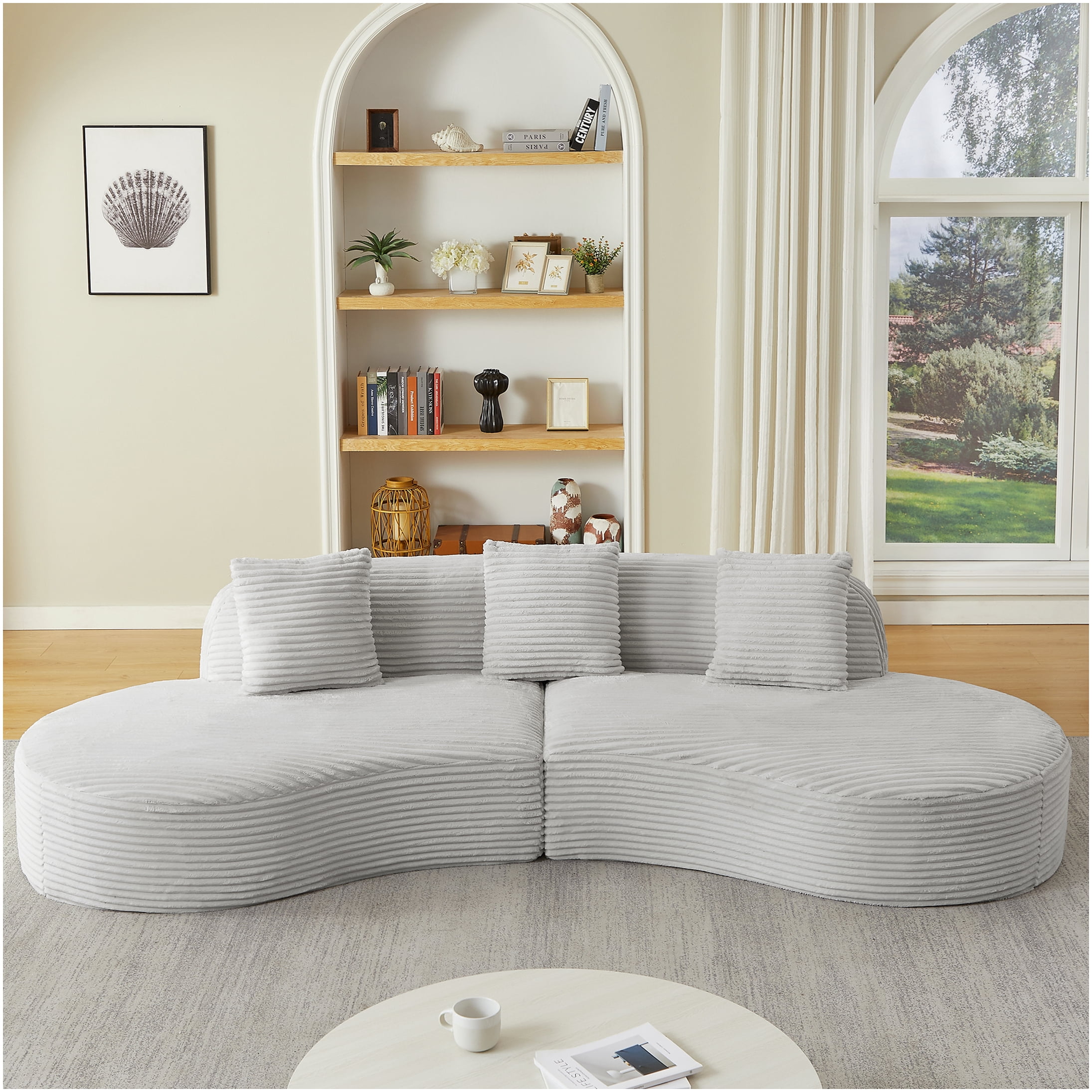 Compressed Curved Corduroy Sofa, 4-Seat Sectional Couch with Pillows, Light Grey Fabric Upholstery, No Setup Needed
