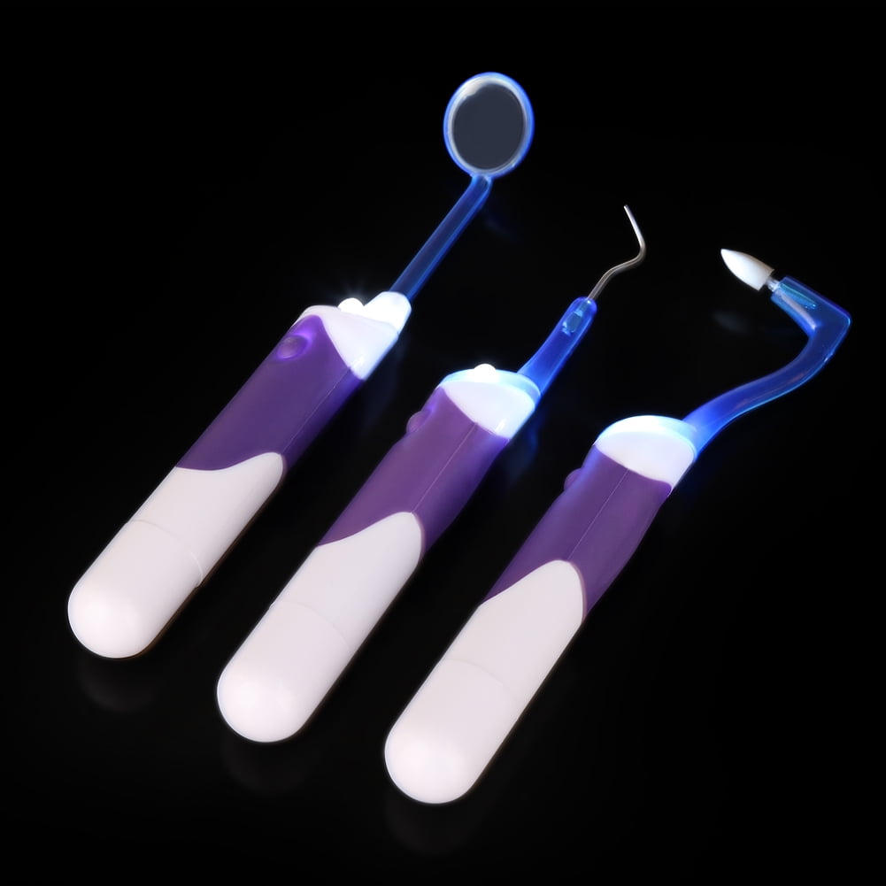 Qiilu 3Pcs LED Illuminated Oral Care Tool Kit Dental Tooth Stain Eraser