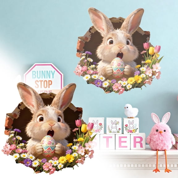 Goowood 3D Easter Bunny Wall Stickers Breaking Wall Decals for Kids Room Spring Home Decorations