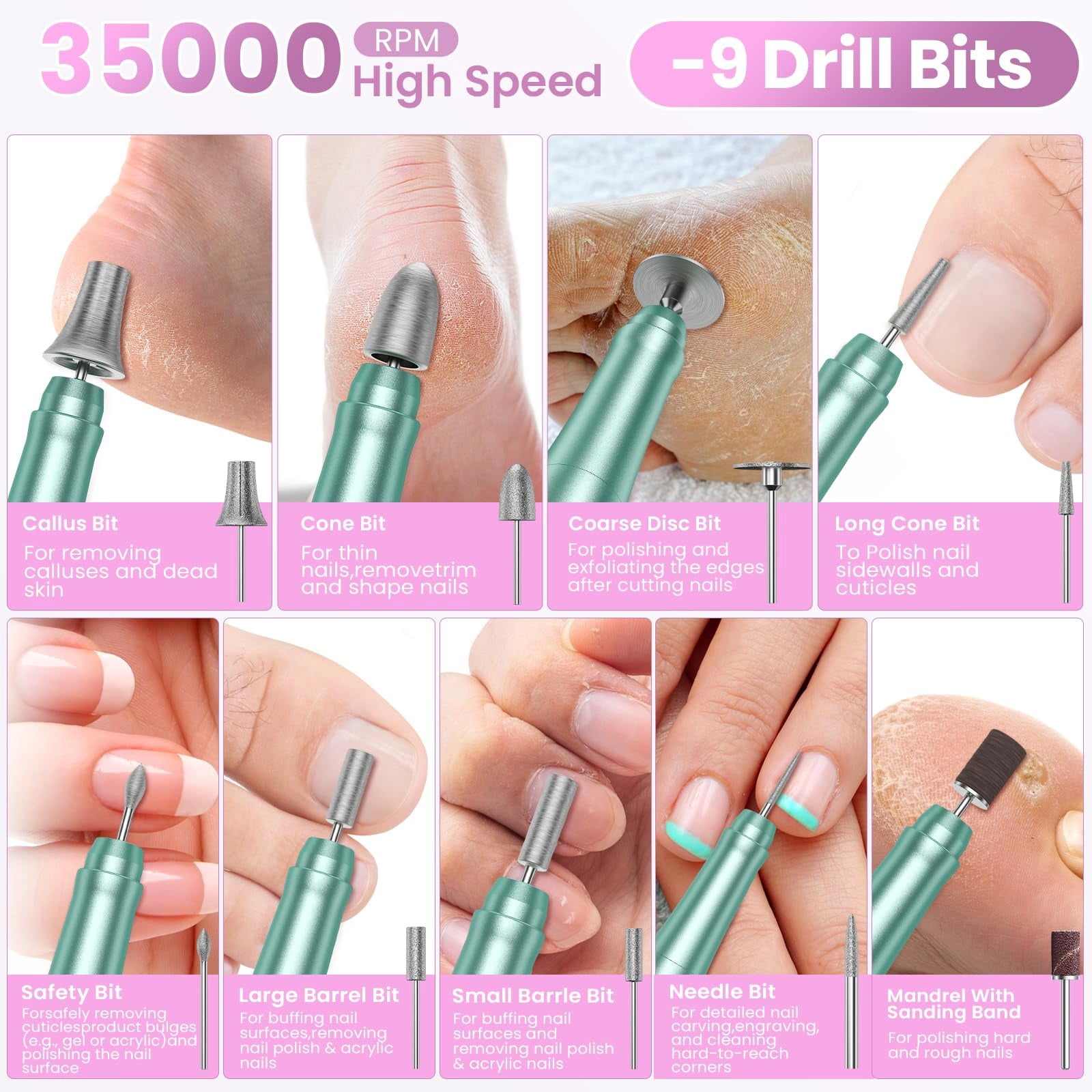 Cordless Nail Drill 35000RPM, LCD Display Low Noise Nail File Kit, Portable Manicure Pedicure Tool for Acrylic/Gel Nails, with 9 Drill Bits & Sanding Bands