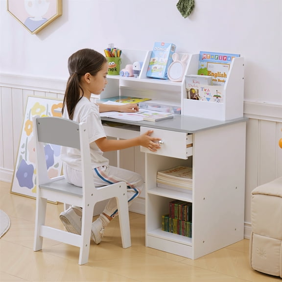 Qaba Kids Desk and Chair Set with Storage, Study Desk with Chair for Children 5-8 Years Old, Gray