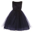 thumbnail image 2 of Little Girls Dress Embossed Floral Velvet Rhinestone Holiday Party Flower Girl Dress Navy 2 (K45D4), 2 of 4