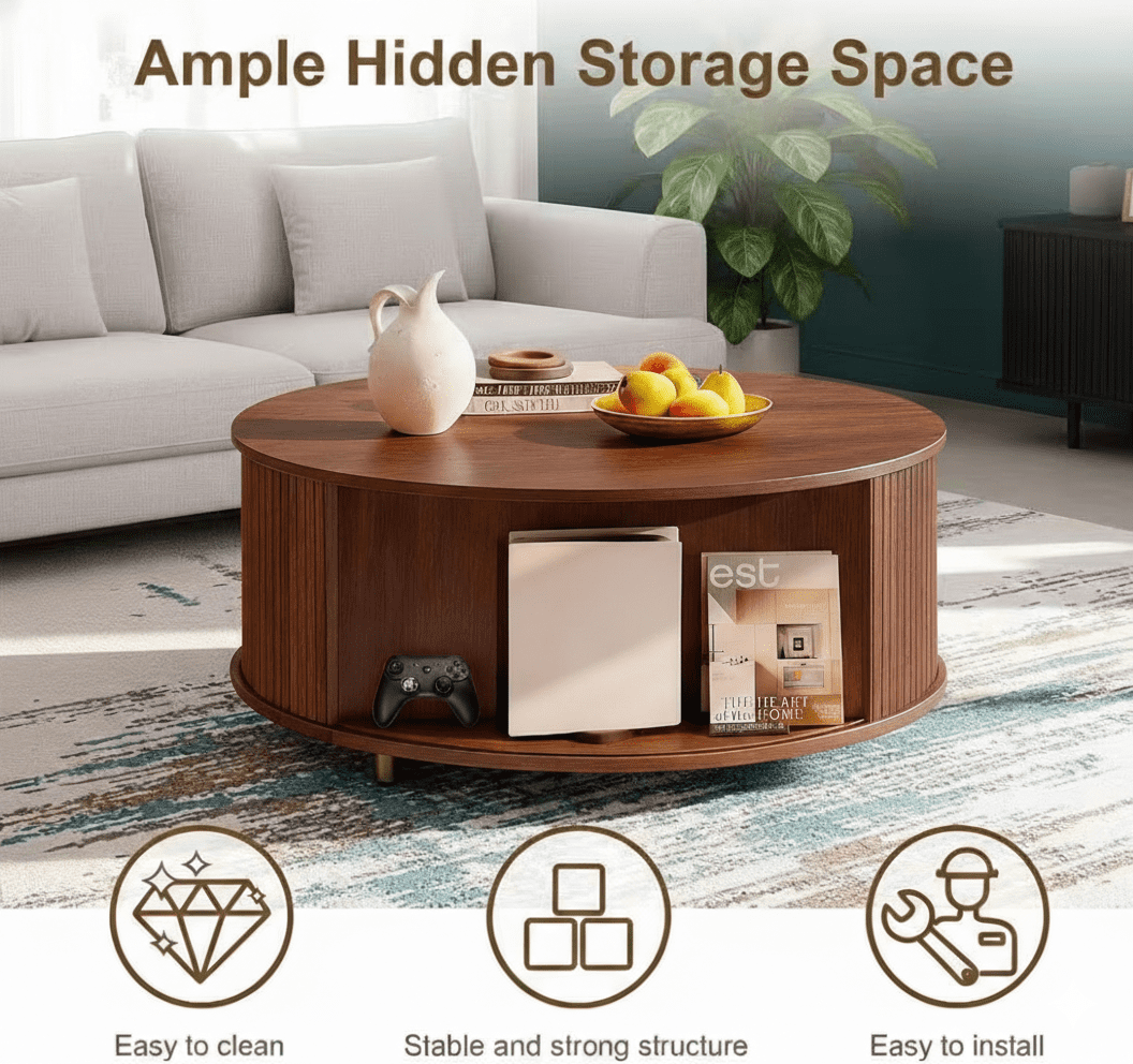 Aisword Round Coffee Table with 360° Sliding Door, Fluted Accent Storage Coffee Table with Adjustable Footpads for Living Room, Walnut