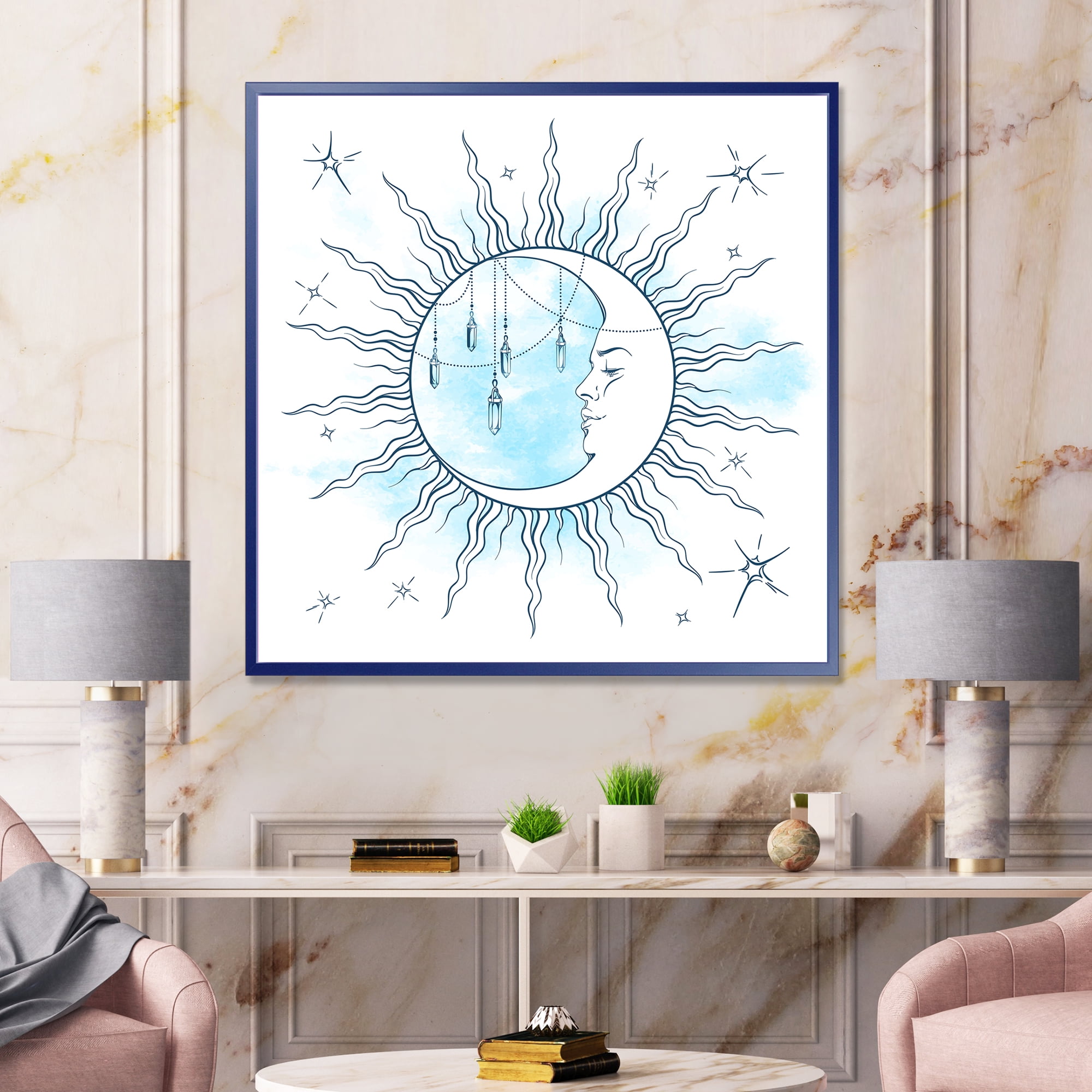 Designart 'Blue Crescent Moon With Stars and Moonstone Pendants' Bohemian & Eclectic Framed Canvas Wall Art Print
