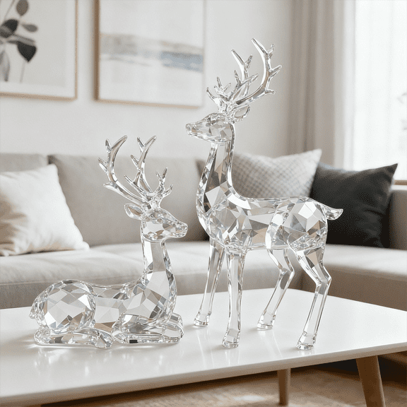 Crystal Clear Acrylic Deer Figurines Set of 2, Modern Standing & Sitting Reindeer Sculpture for Christmas Tabletop Decor, High-End Glasslike Holiday Home Decoration, Gift-ready Elegant Animal Statues