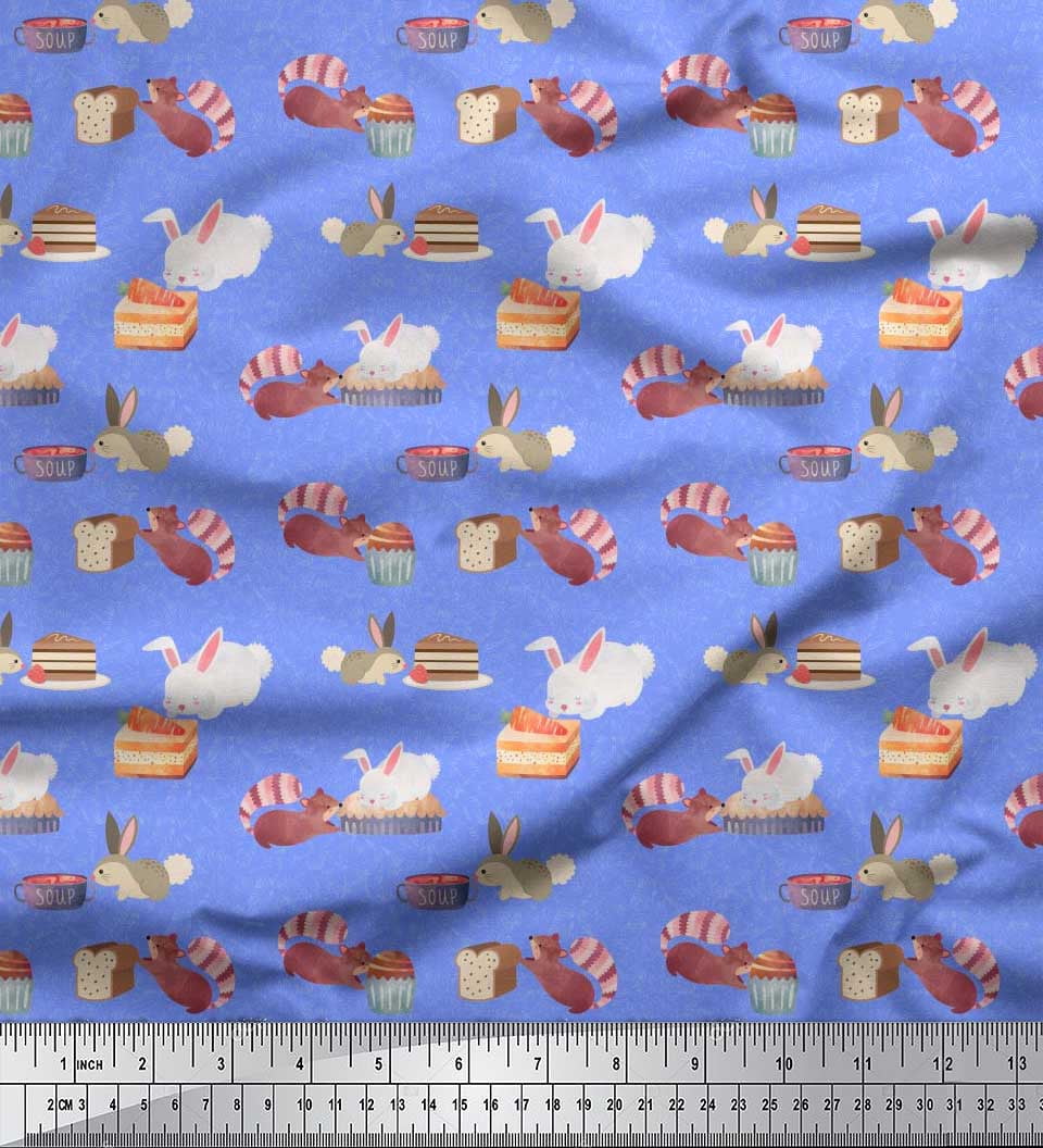 Soimoi Blue Cotton Poplin Fabric Rabbit Animal Print Fabric by the Yard