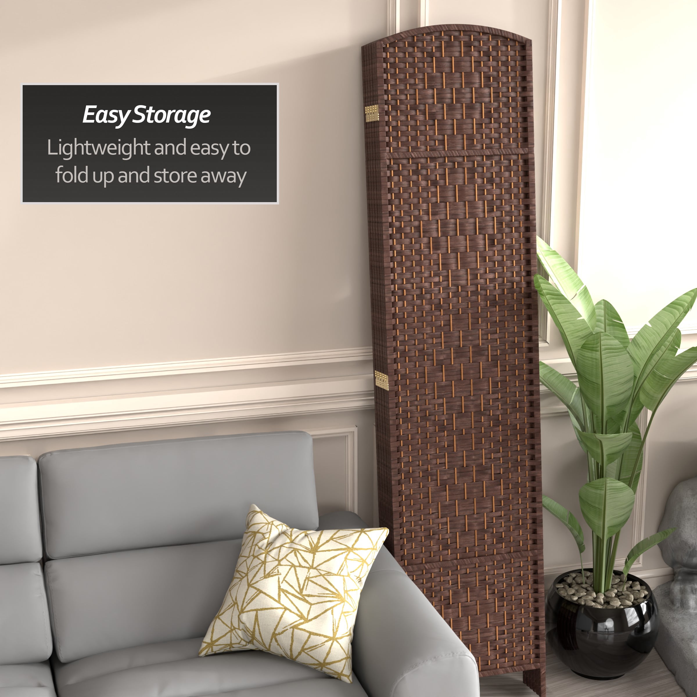 7 ft. Tall Rattan Fiber Diamond Weave Privacy Screen Room Divider - Dark Mocha - 6 Panels