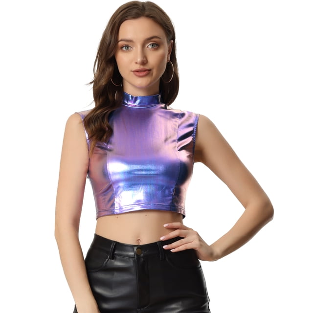Top corto metálico para mujer, camisetas sin mangas holográficas brillantes sin mangas para fiesta Azul Púrpura L