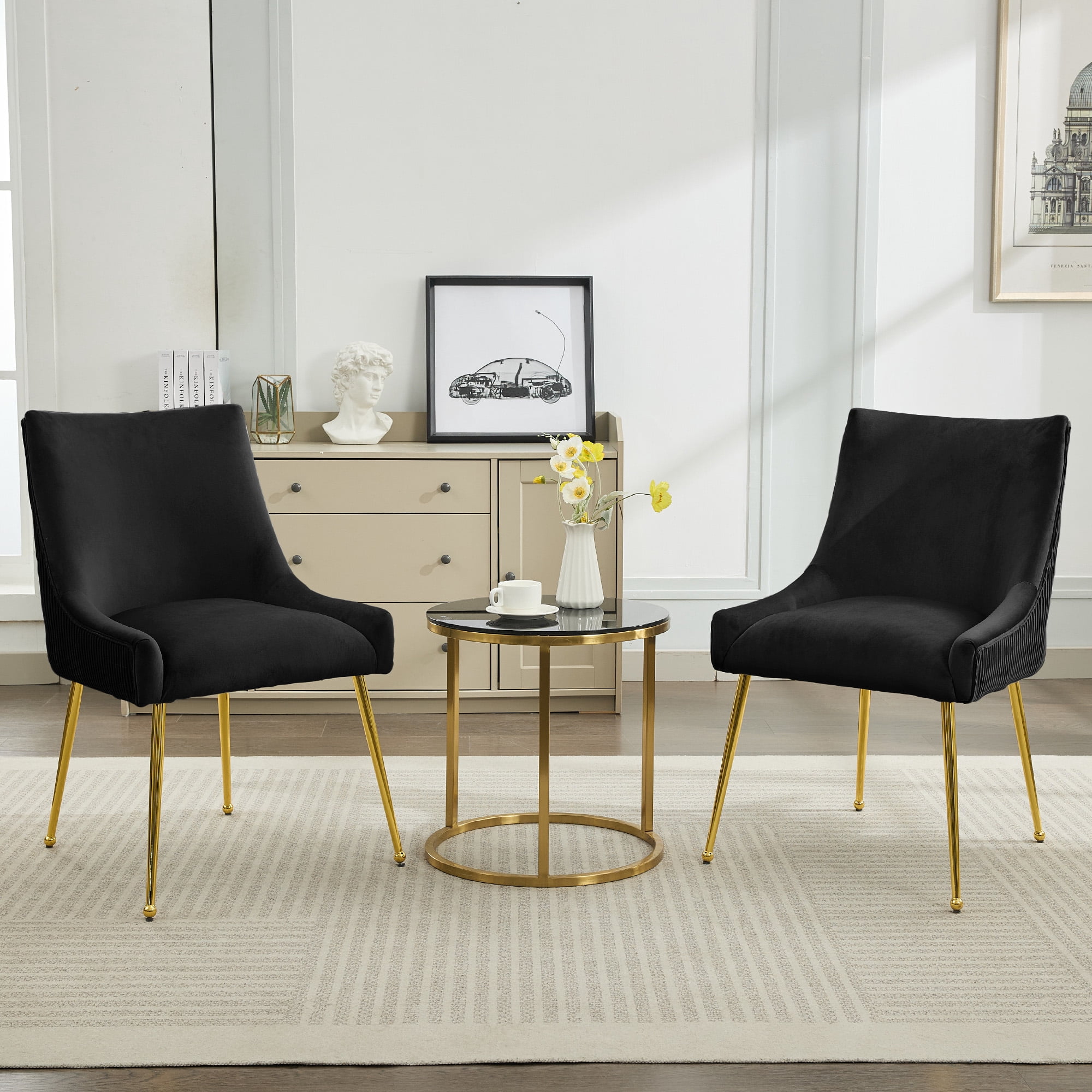 Velvet Dining Chairs Set of 2 with Gold Legs, Upholstered Accent Chairs, Pleated Back & Gold Pull Handle, Mid-Century Modern for Dining Room, Kitchen, Living Room, Black