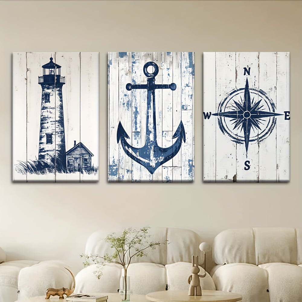 3pcs/Set, Canvas Painting--Unframed, Nautical Charts Lighthouse Anchor Compass, Posters And Prints, Living Room, Library, Office, Cafe, Bar, Abstract Art, Perfect Birthday, Holiday Gift,