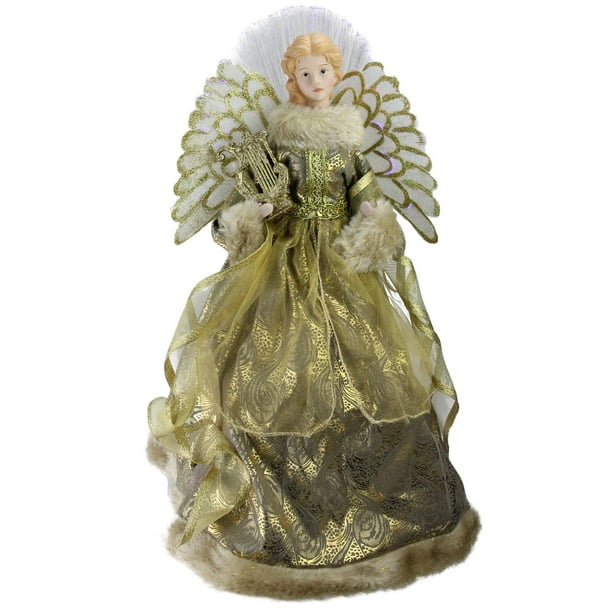 16 Lighted Fiber Optic Angel In Metallic Gold Gown With Harp Christmas Tree Topper Walmart Com Walmart Com