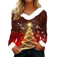 thumbnail image 2 of Mifsaly Women Christmas Sweatshirts Faux Fur Collar and Cuffs Loose Shirt V-Neck Long Sleeve Classic Pullover Tops Xmas Tree Print Festival Blouse Tunic Vintage T-Shirt 2025 Holiday Outfits, 2 of 4