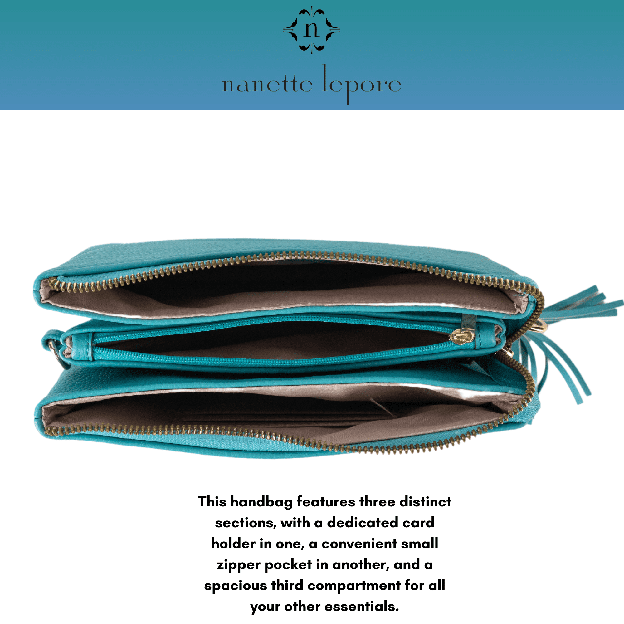 Handbags with 3 zippered compartments hot sale