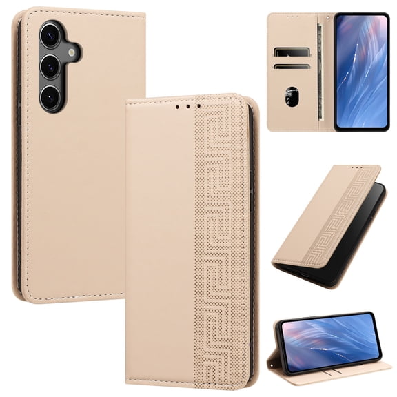 Magnetic PU Leather Wallet Case for Samsung Galaxy A35, RFID Blocking Flip Phone Cover with Wrist Strap Card Slots Cash Pocket Kickstand Full Body Protection for Galaxy A35, Beige