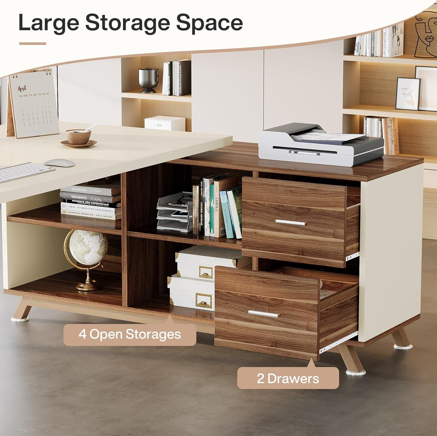 Tribesigns Large L-Shaped Desk, Modern Executive Office Desk with Drawers, 78.7 Inch Computer Desk with Cabinet for Home Office,White & Walnut