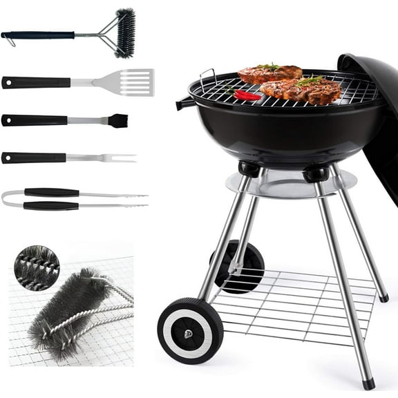 Portable Charcoal Grill – Heavy-Duty Round BBQ Grill with Thickened Grilling Bowl, Sturdy with 4 Legs & Wheels for Small Outdoor Barbecue. 18 Inches (with Grill Tools)