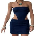 thumbnail image 1 of Mini Robe Dos Nu Sans Manches pour Femmes Mode Urbaine Slim Tenue de Soirée Club Couleur Unie Robe d'Été Bleu Foncé Tricotée S, 1 of 7