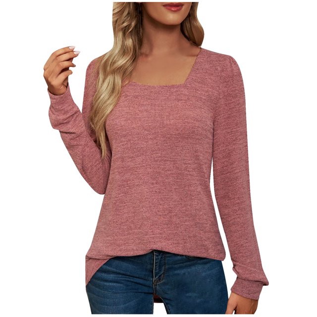 FAIWAD Women's Long Sleeve Tunic Tops Square Neck Loose Basic Tops Solid Color Comfy Pullover Tops