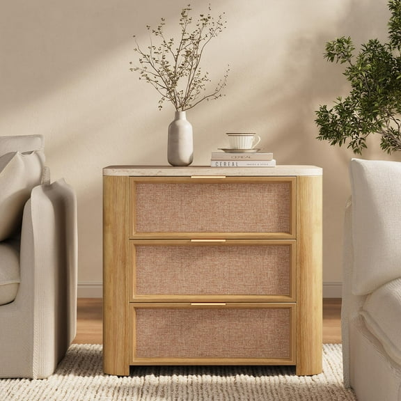 Afuhokles Rattan Nightstand with 3 Drawers, Faux Marble Top Wood Bedside Table, Natural Oak