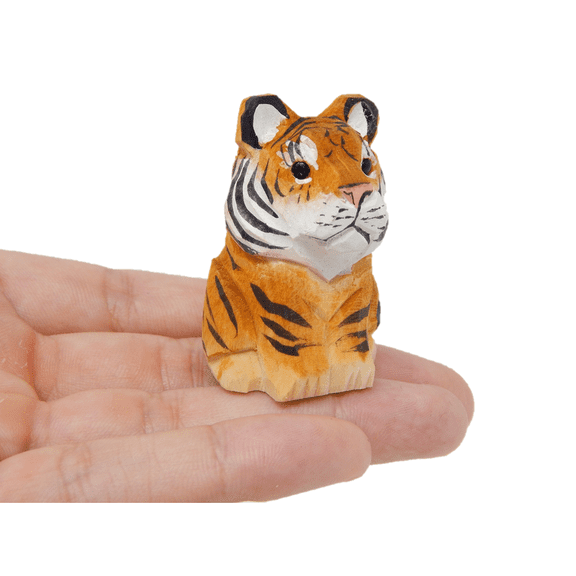 Tiger Figurine Decoration Wooden Statue Art Cat Bengal Striped Miniature Carved Small Animal Sculpture