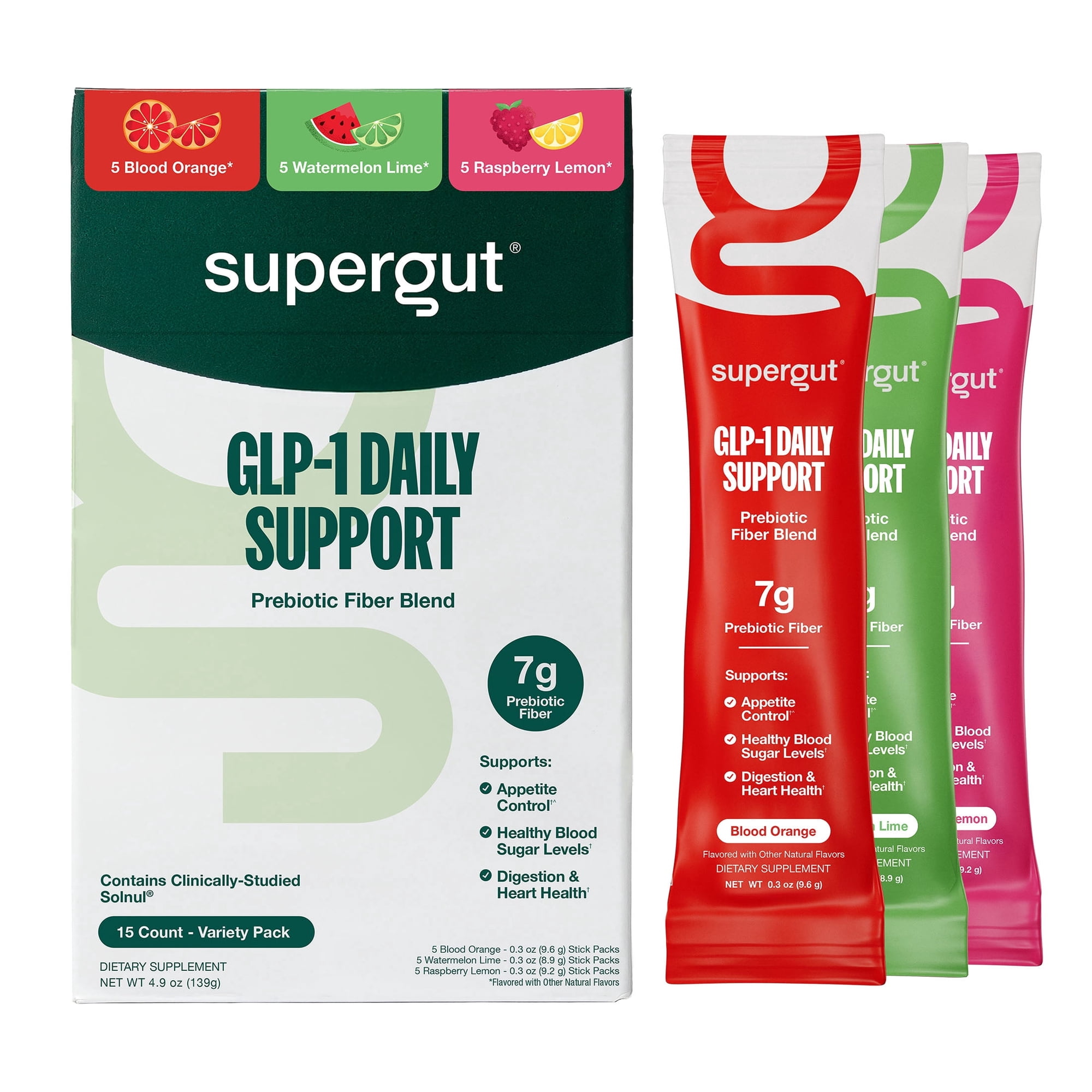Supergut GLP-1 Daily Support Prebiotic Fiber Blend for Metabolism Support & Digestive Health, Flavored Variety Stick Pack Box, 15 servings