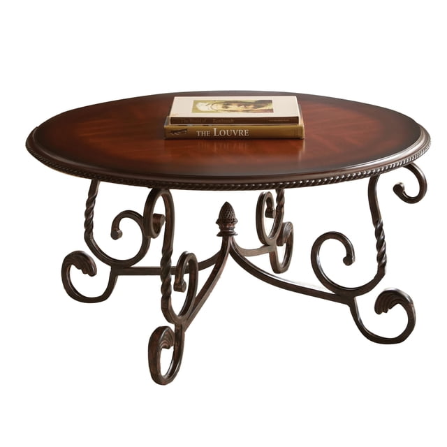 Steve Silver Co. Crowley Mediterranean Cherry Wood Coffee Table with Scrolling Metal Base, Cherry