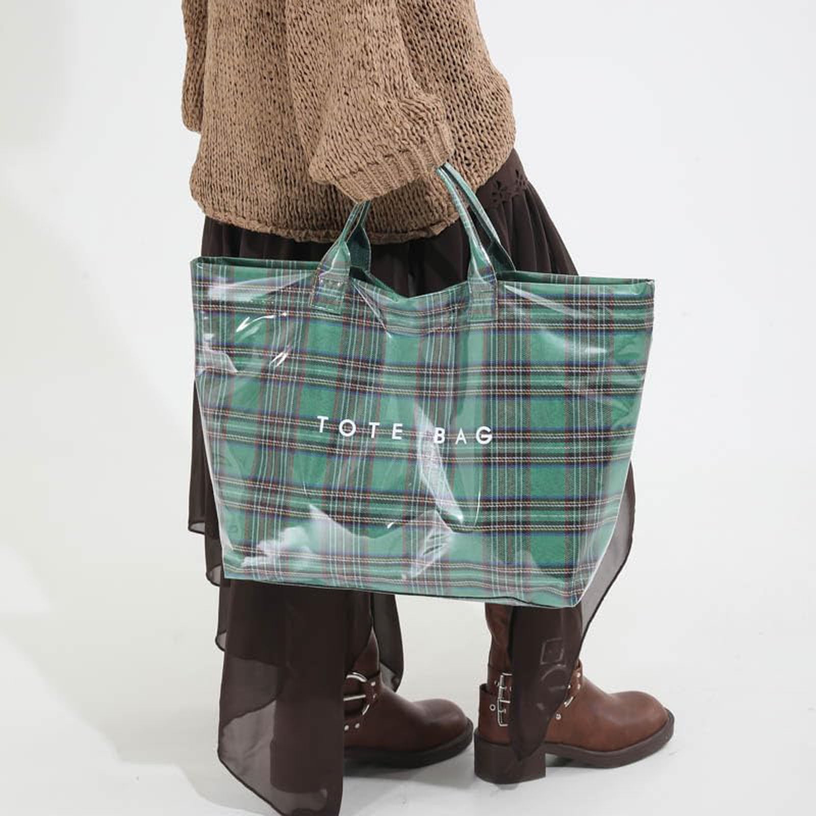 Comefolife Christmas Green Plaid PVC Tote Bag for Women Vintage Christmas Buffalo Check Tote Bag Plastic Handbag