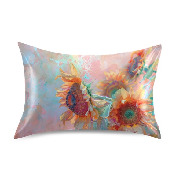 JSTEL Sunflower Bouquet Satin Pillowcase Standard Size Pillow Cases Envelope Closure Bed Pillow Cover, 20 x 26 inch