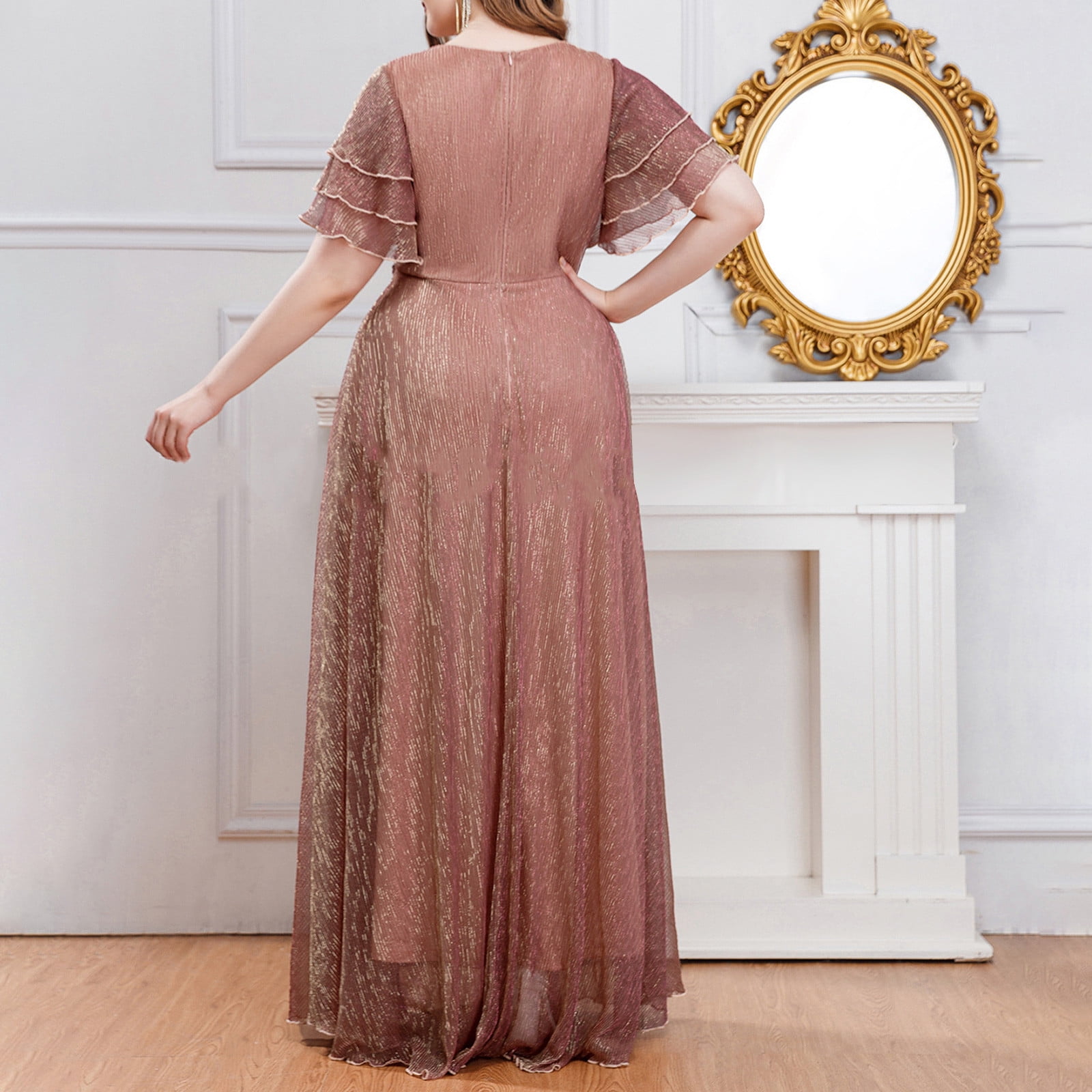 OSFVNOXV Fall Wedding Guest Dresses for Women Plus Size Chiffon Ruffle Sleeve V-Neck High Waisted Bodycon Swing Gown Party Dress