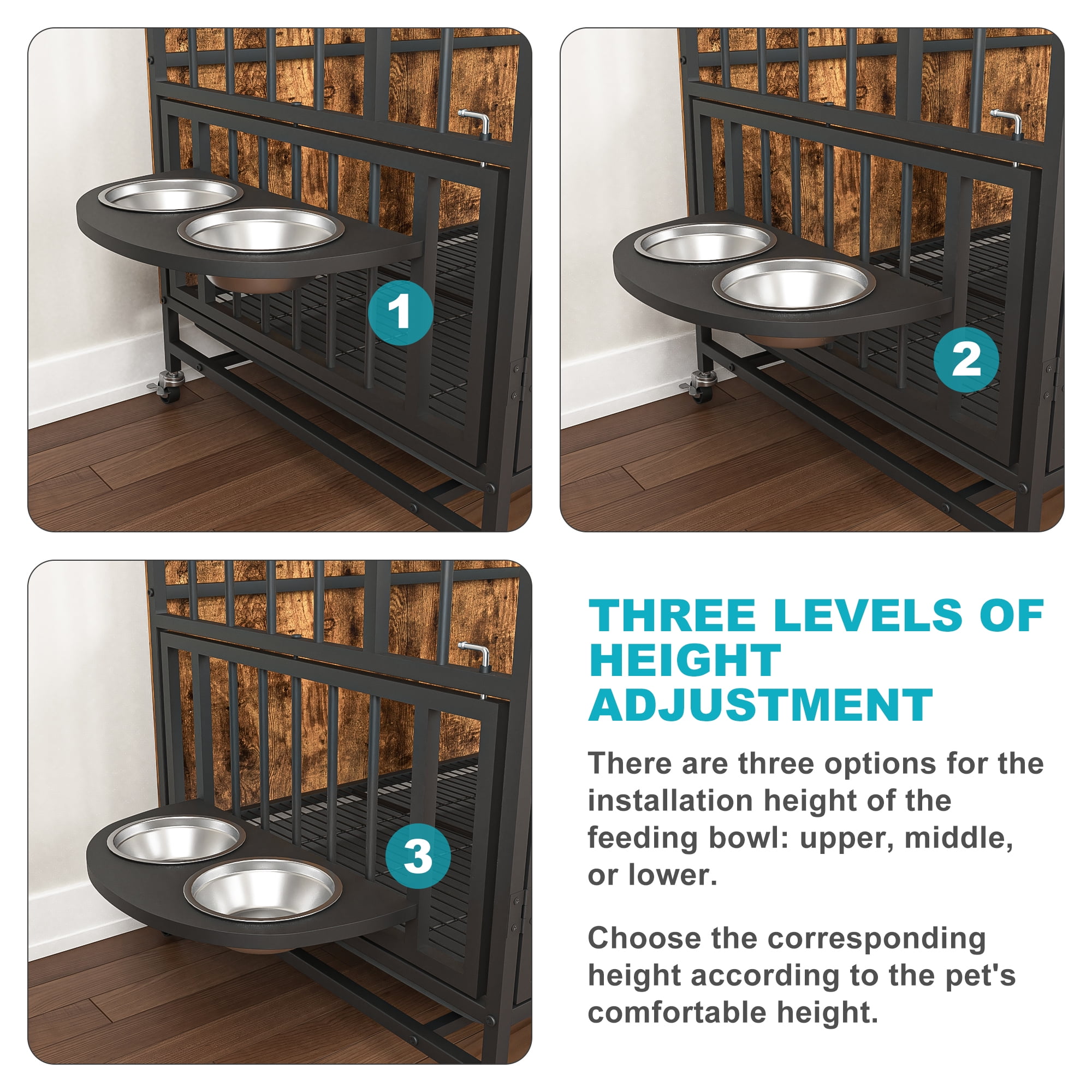 Pefilos 37" Dog Crate with Feeding Bowl, Wheels, Flip-Up Top Opening Kennel with Trays, Furniture Style Dog Cage for Indoor Dogs, Brown Pefilos 37" Dog Crate with Feeding Bowl, Wheels, Flip-Up Top Opening Kennel with Trays, Furniture Style Dog Cage for Indoor Dogs, Brown