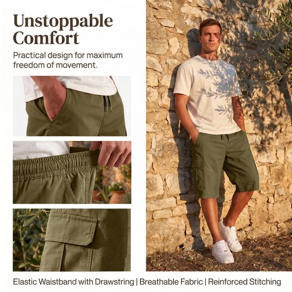 Cargo Shorts For Men Drawstring Elastic Waist Shorts Lightweight Plain Color Knee Length Pants With Multi Side Pockets Green#1 L