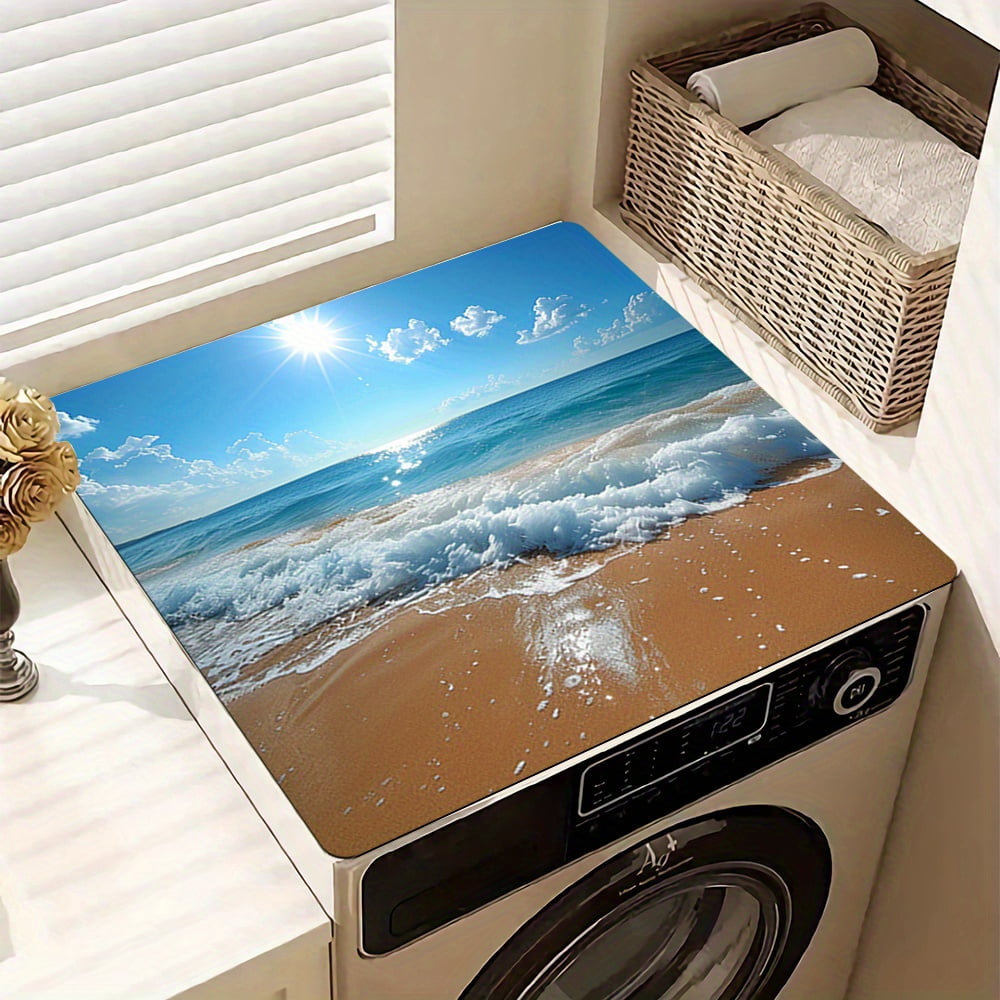 1pc Drain Pad,The Sun Shines On The Blue Sky, The Waves Gently Beat The Coastal Pattern Shore Washer And Dryer Top Protection Mat, Washing Machine Non-Slip Dust Cover Mat, For Laundry, Bathroom,