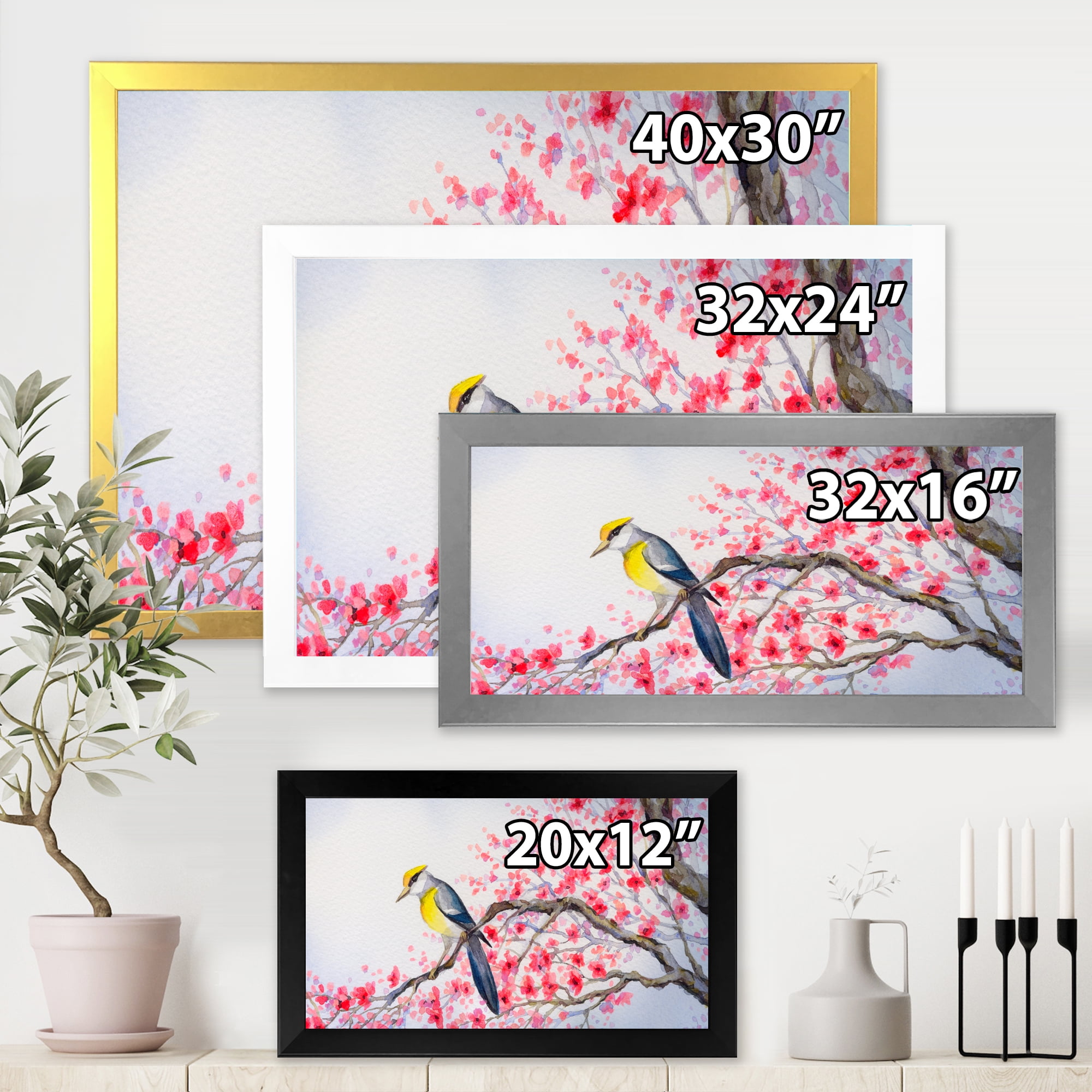 Beautiful Red Bird Sitting On Flowering Branch II 20 in x 12 in Framed Painting Canvas Art Print, by Designart