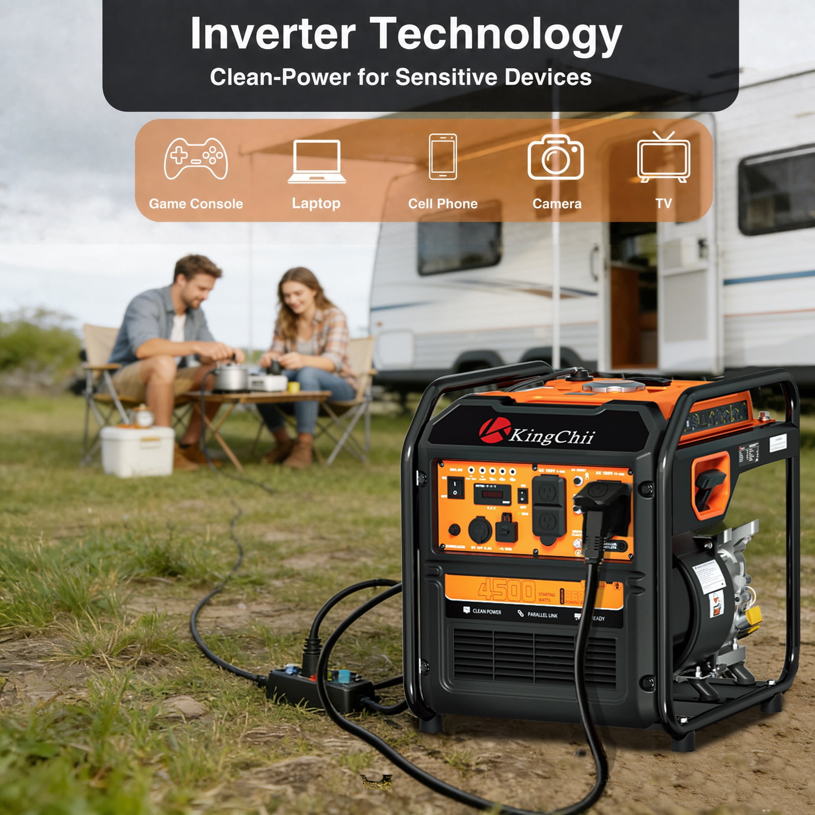 KingChii 4500W Inverter Generator Gas Powered, CO Sensor, ECO Mode, 30A RV Ready Outlet, Portable Outdoor Power Equipment for Camping & Home Backup, EPA Compliant