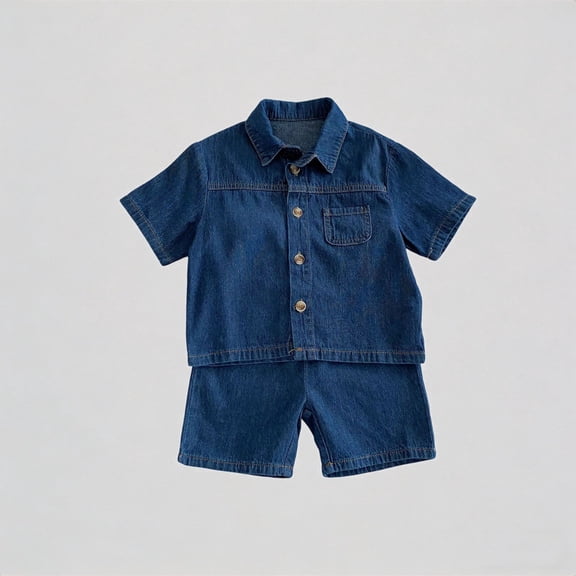 Krdevn Boys Outfits Set Summer Casual Denim Short Sleeve Shirt and Pants Two Piece Outfit for Toddler Kids Comfortable Breathable Stylish,1-2 Years