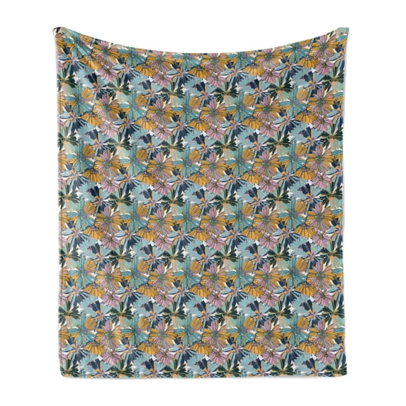 Flower Soft Flannel Fleece Blanket, Floral Composition in Blue and Orange Tones Flowers Botanical Image Colorful Garden, Cozy Plush for Indoor and Outdoor Use, 50" x 60", Multicolor, by Ambesonne