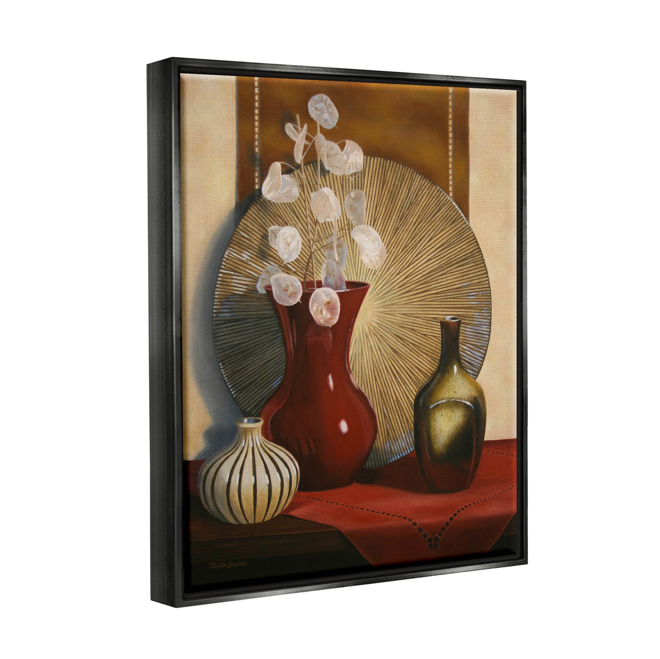 Stupell Industries Ornate Floral Vase Still Life Painting Jet Black Floating Framed Canvas Print Wall Art, Design by Cecile Baird