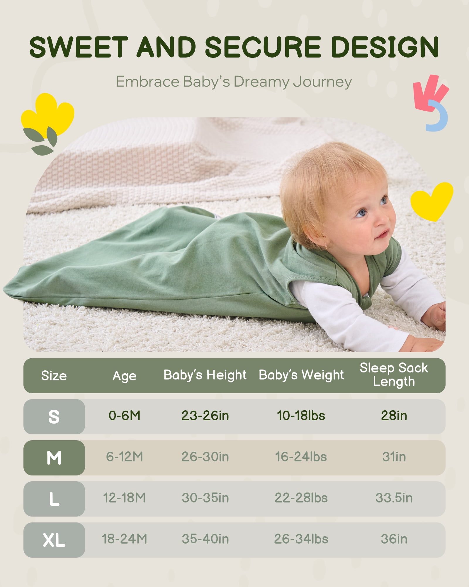 Baby Sleep Sack 6-12 Months, 100% Organic Cotton Wearable Blanket for Babies, 2-Way Zipper TOG 0.5 Lightweight Breathable Baby Sleeping Bag, 4 Sizes-M Leaf＆Green