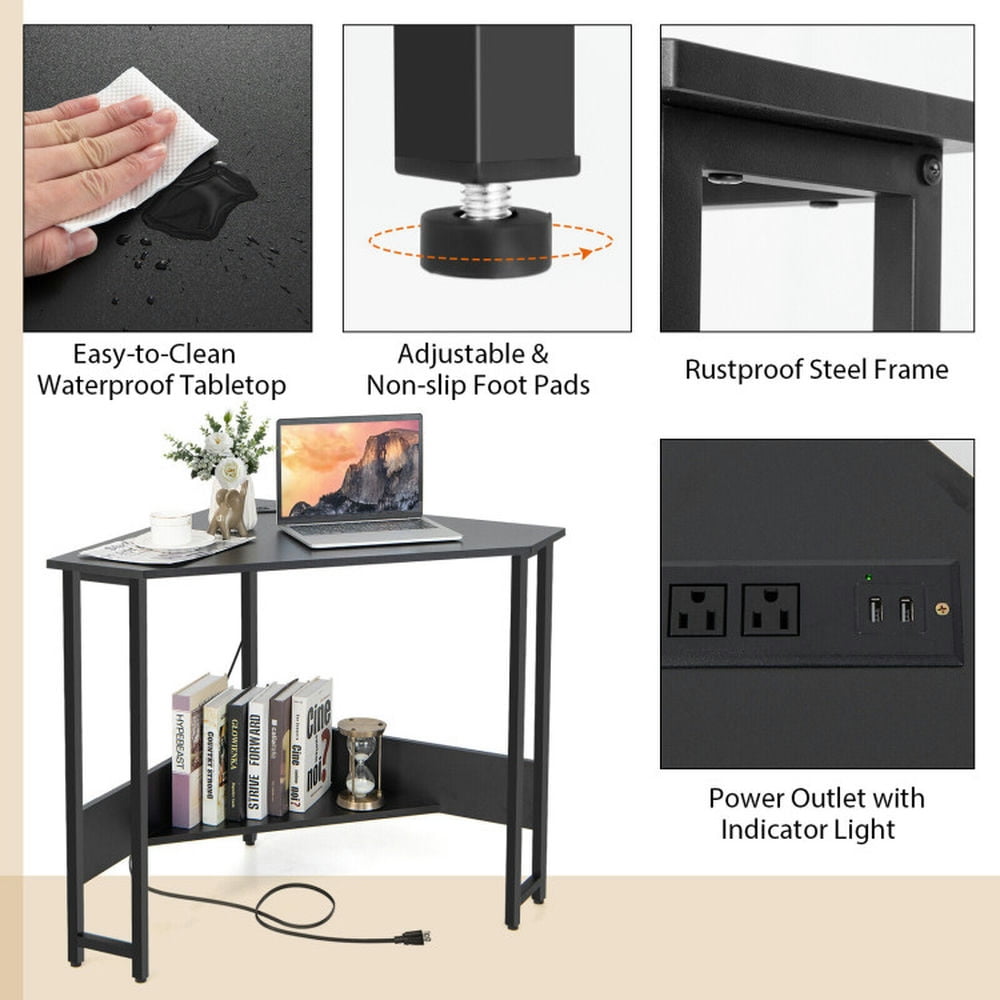 Demi Bonn Triangle Computer Corner Desk with Charging Station, Small Home Office Desk Study Writing Table, Black